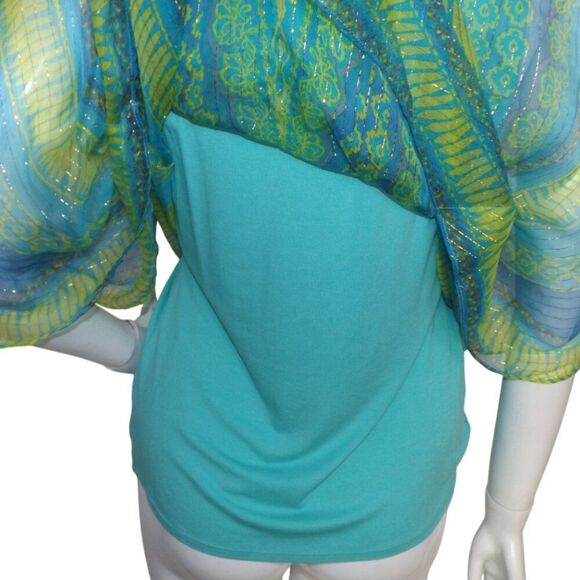 HALE BOB Top, M, Silk Layered Tank, Flutter Sleeves, V-neck, Blue/Green, Beaded - Picture 5 of 12